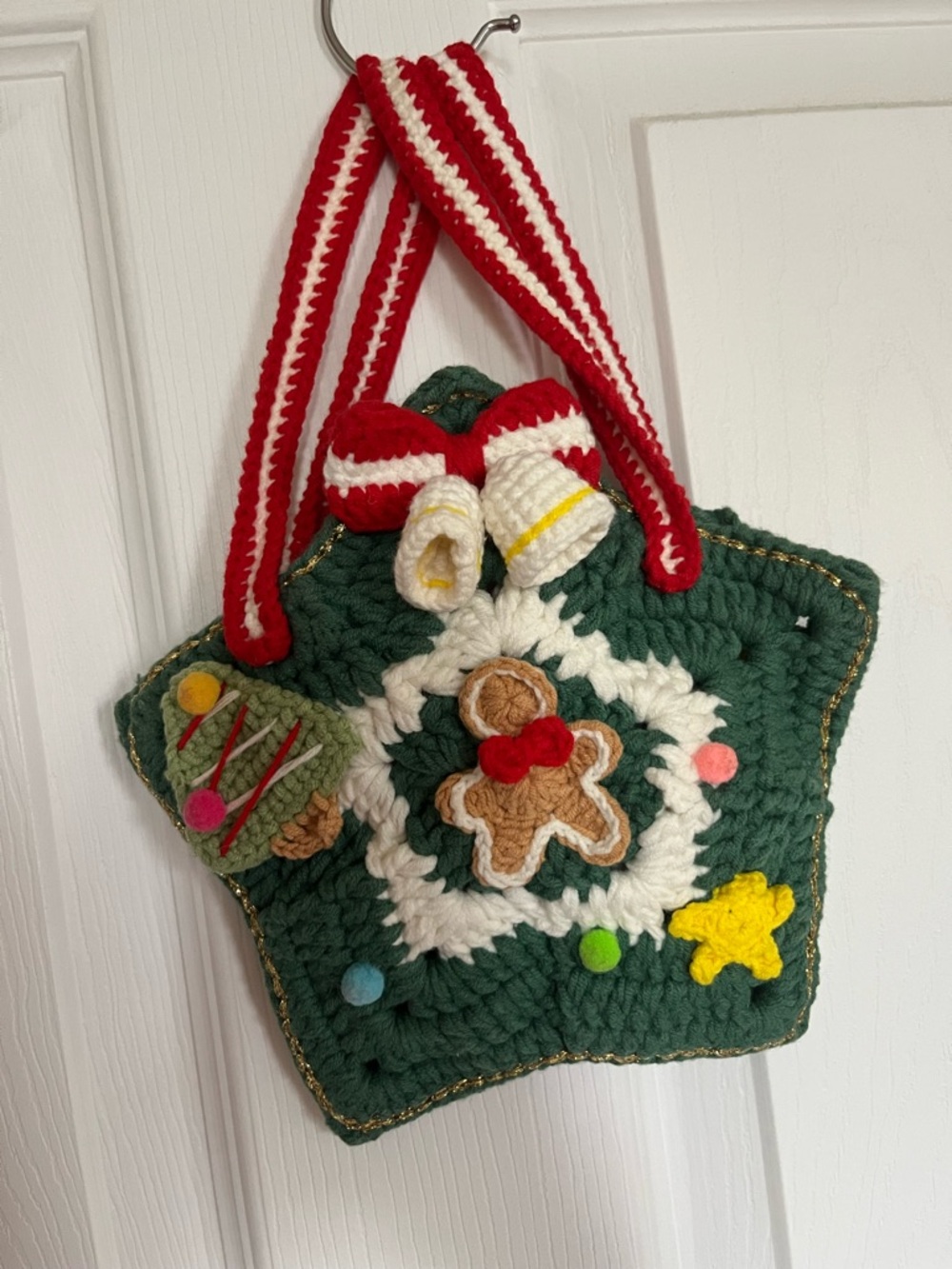Handmade Crochet Christmas Mini Star Bag with Gingerbread Accent - Green & Red